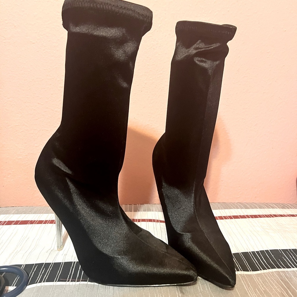 Black soft stiletto booties  with clear heel